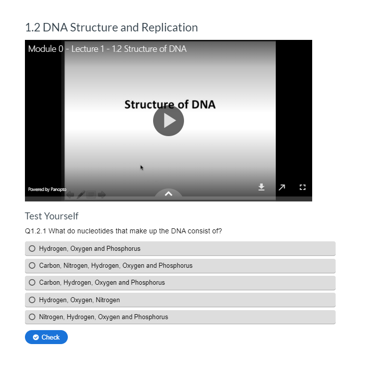 A screenshot showing a short video and accompanying multiple choice quiz taken from the Precision Cancer Medicine online course